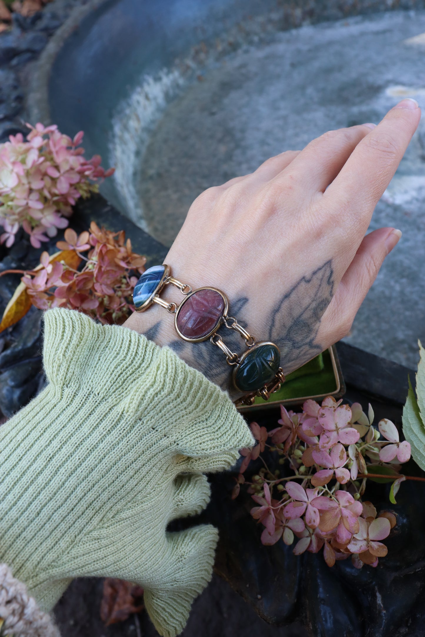 1950s Gold Filled Carved Stone Scarab Bracelet