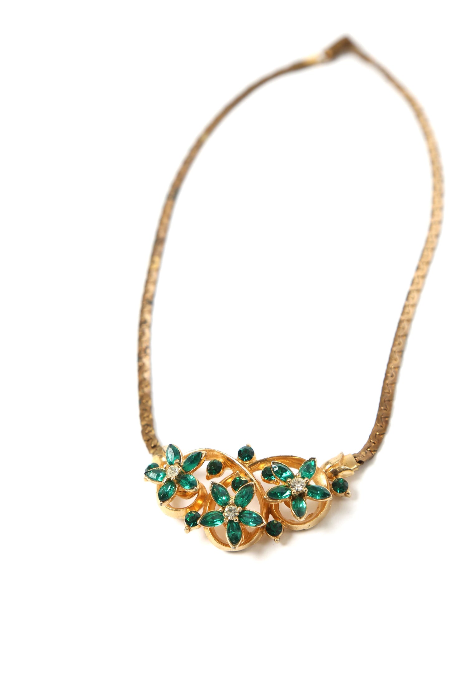1940's Emerald Green Rhinestone Floral Necklace