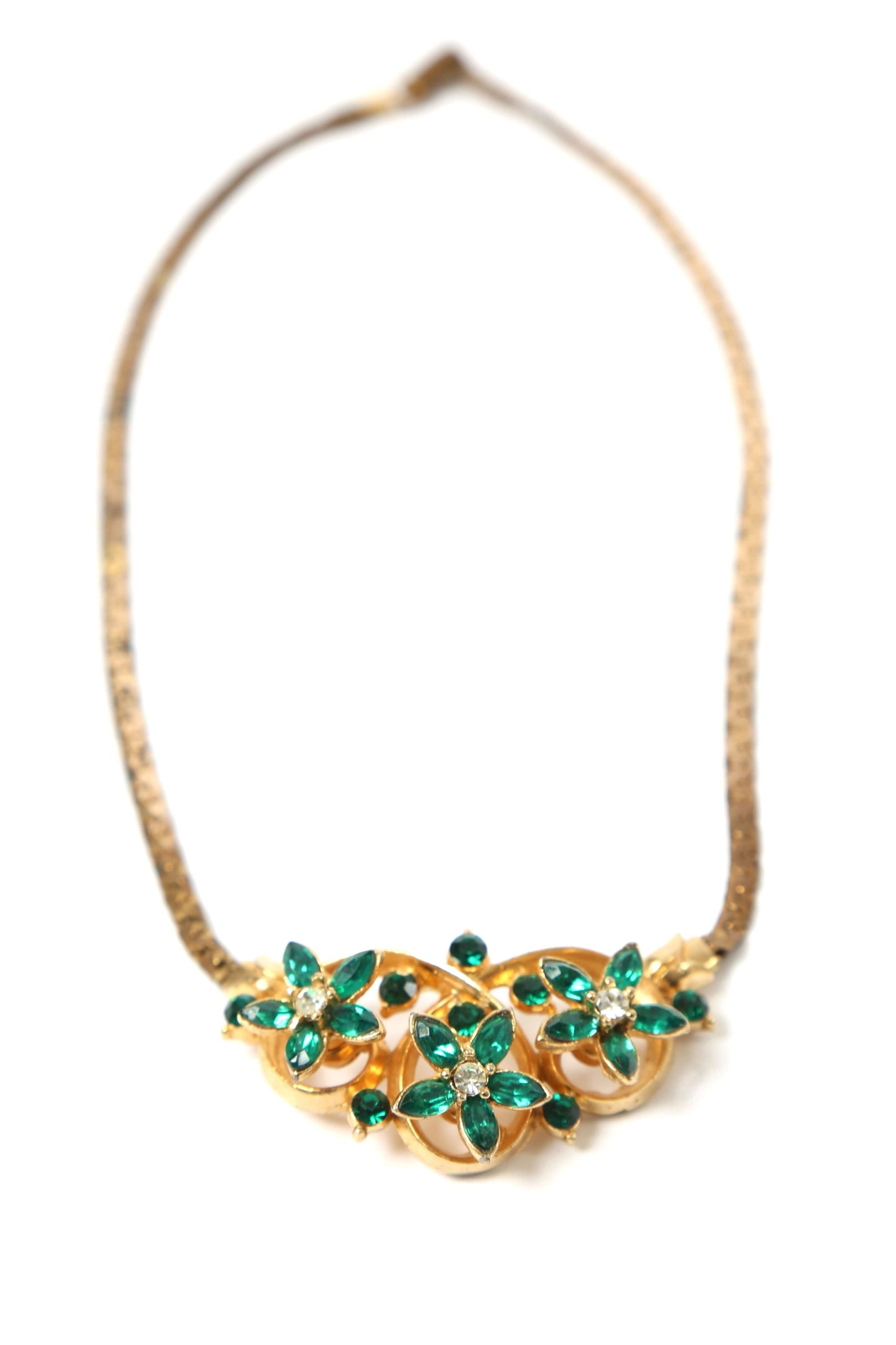 1940's Emerald Green Rhinestone Floral Necklace