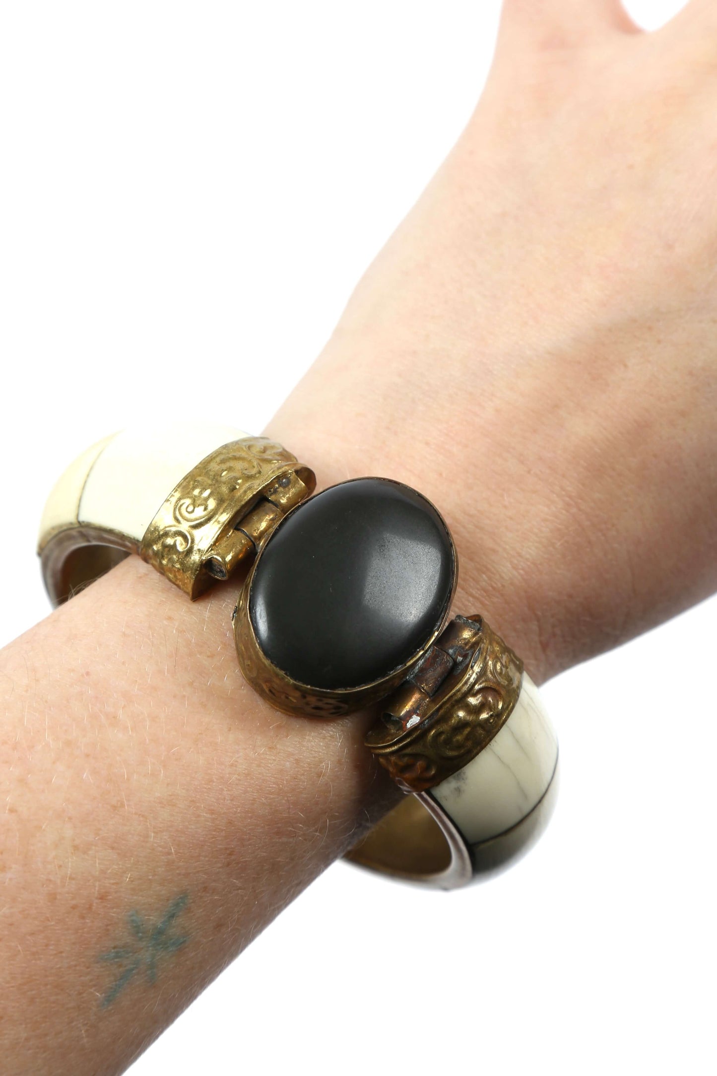 1970's Bone Inlay Brass Bangle