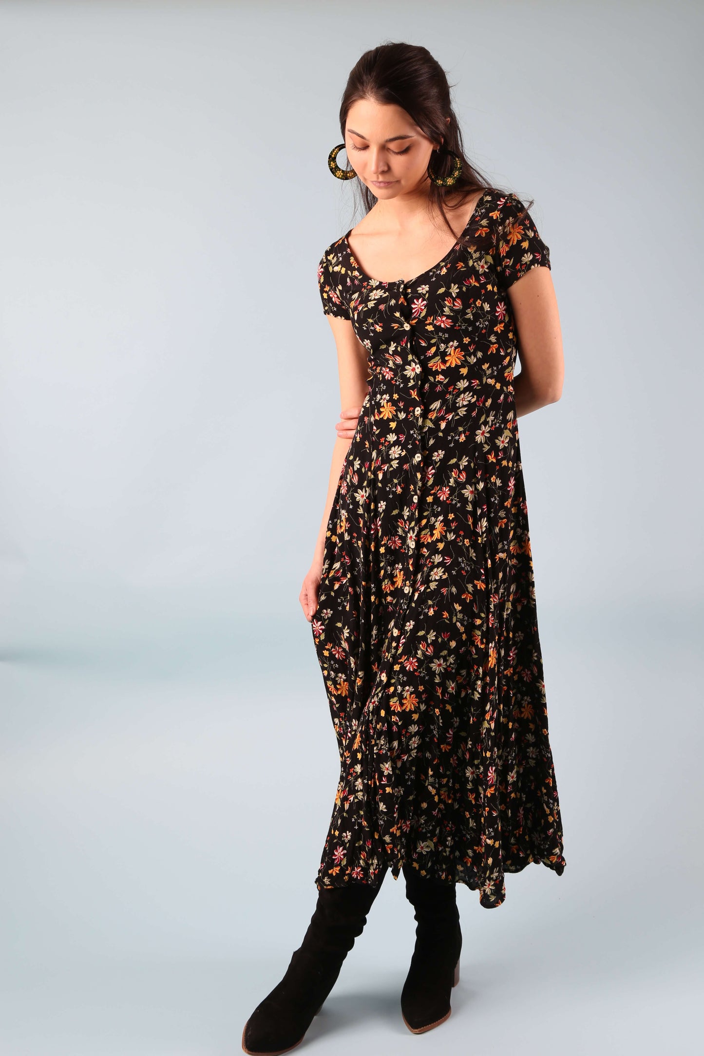 Y2K Espirit Dark Floral Midi Dress