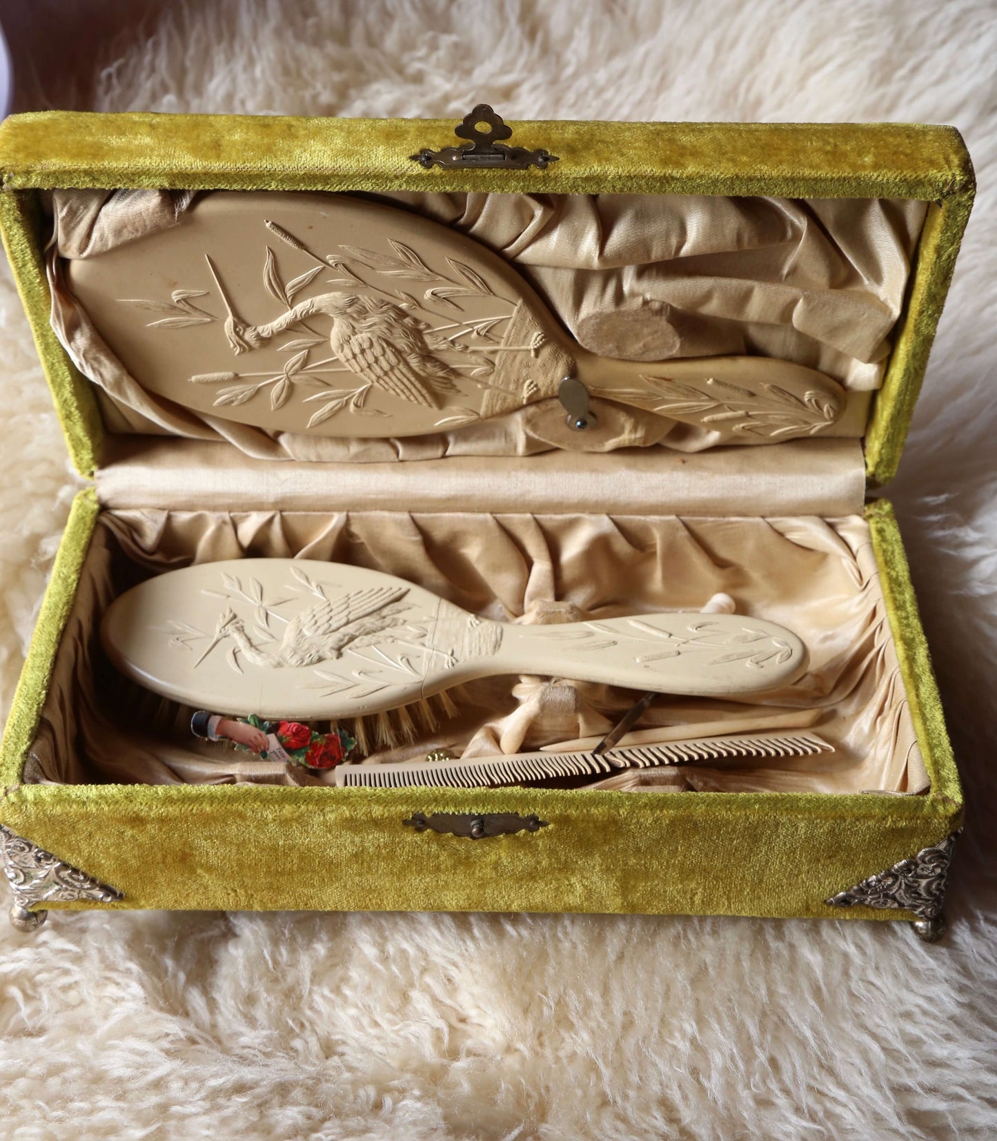 1890's RARE Absinthe Velvet Dresser Box Set