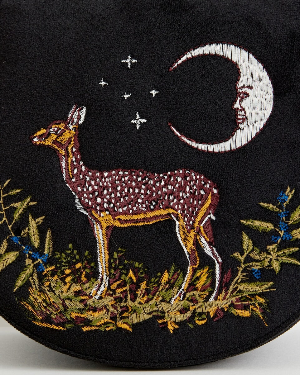 Deer & Moon Embroidered Velvet Saddle Bag