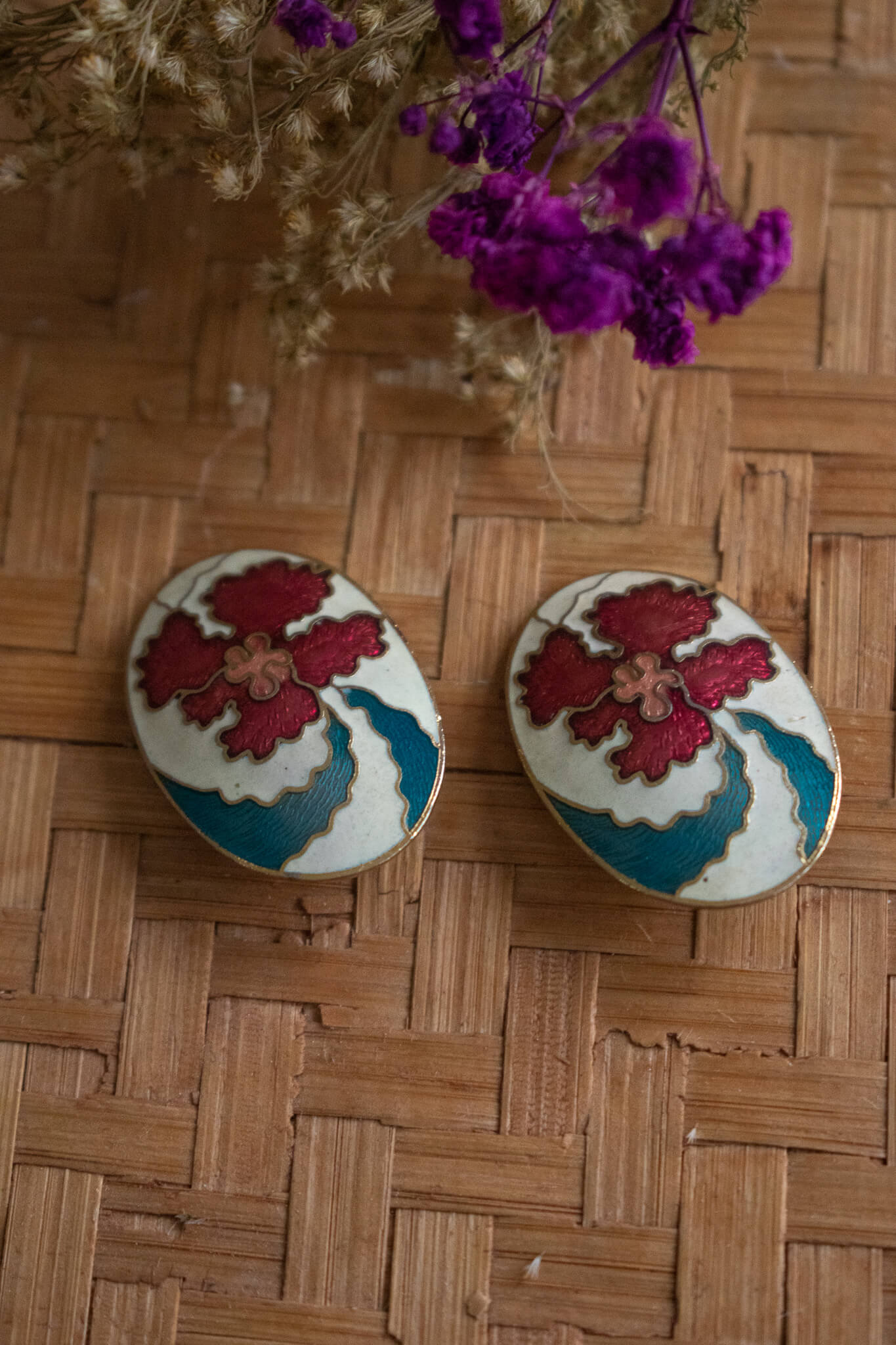 1970's Cloisonné Floral Clip Earrings