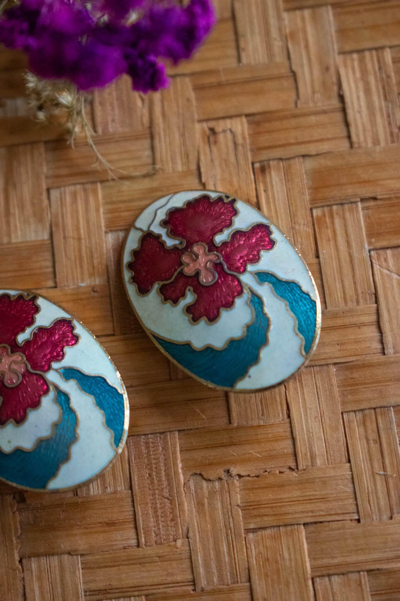 1970's Cloisonné Floral Clip Earrings