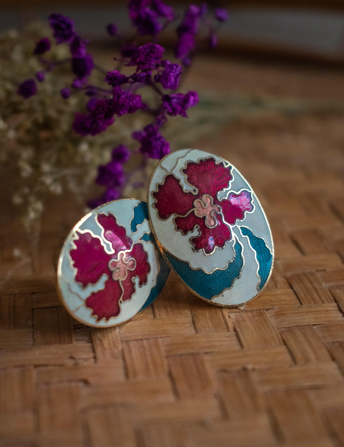 1970's Cloisonné Floral Clip Earrings