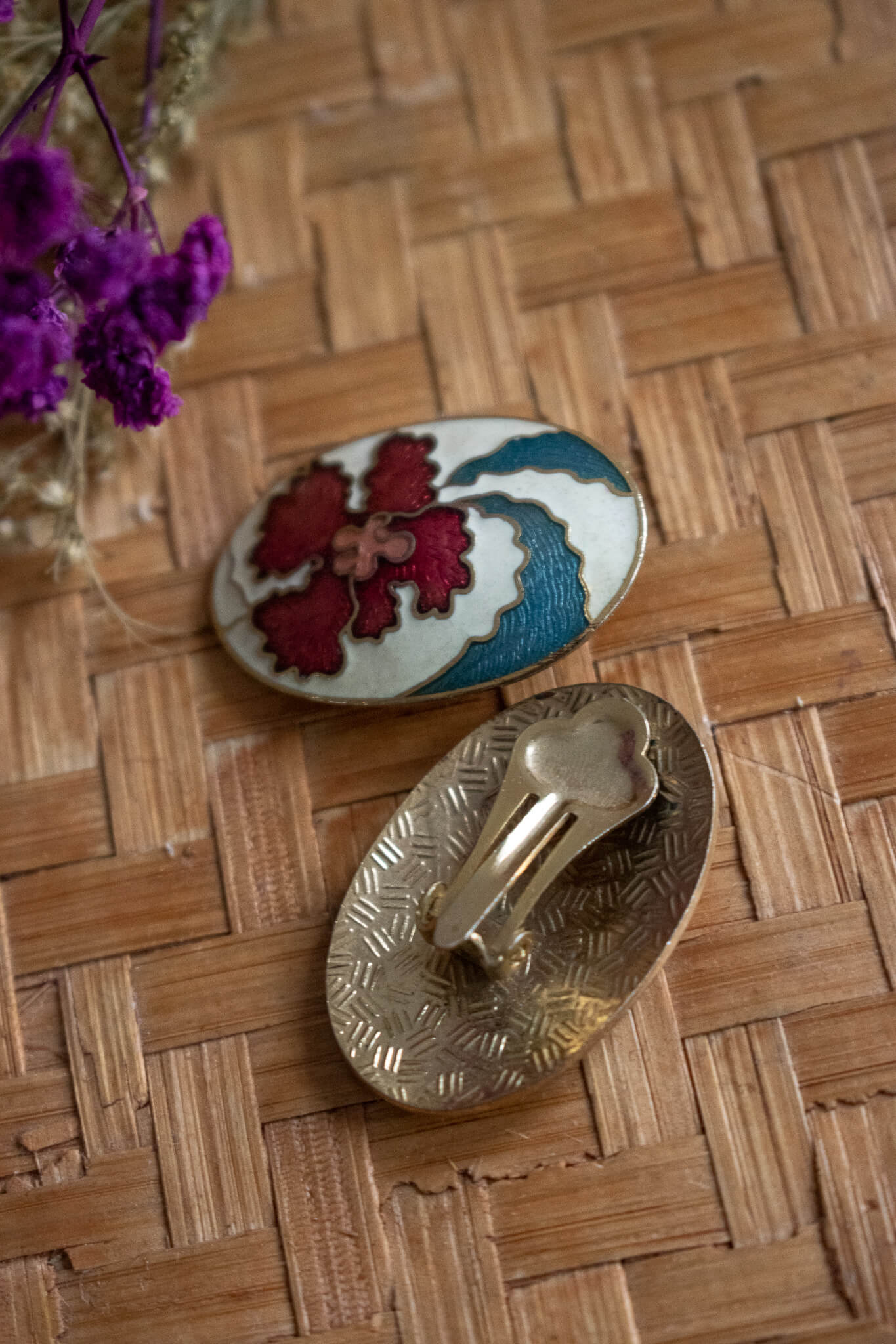1970's Cloisonné Floral Clip Earrings