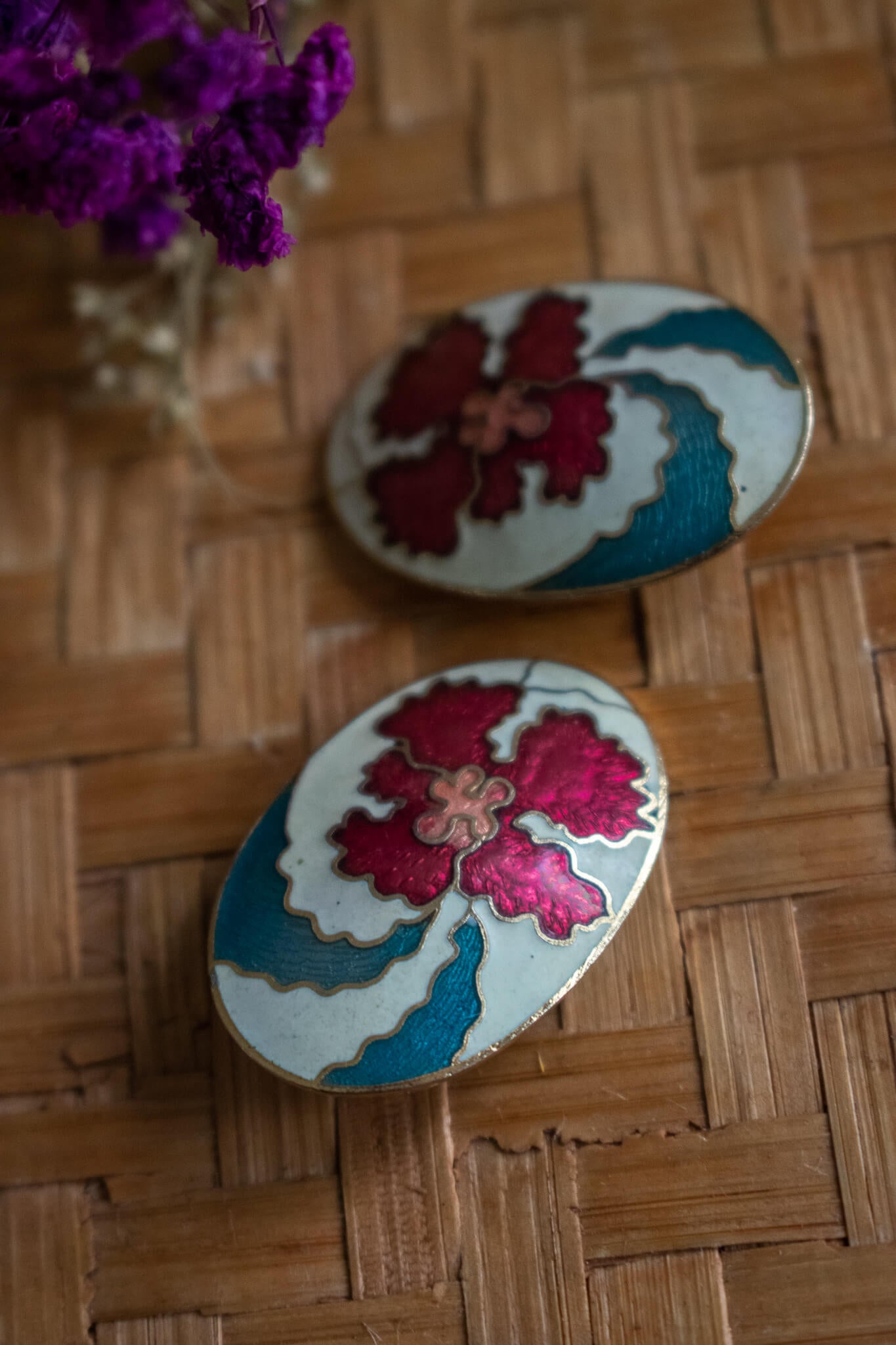 1970's Cloisonné Floral Clip Earrings