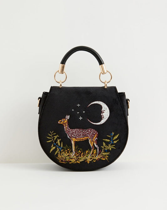 Deer & Moon Embroidered Velvet Saddle Bag