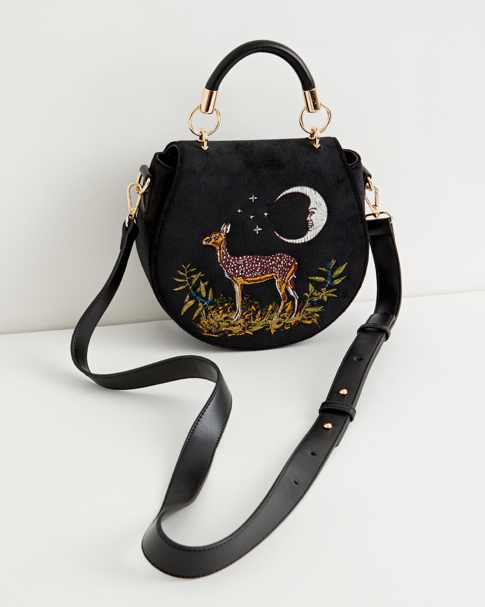 Deer & Moon Embroidered Velvet Saddle Bag