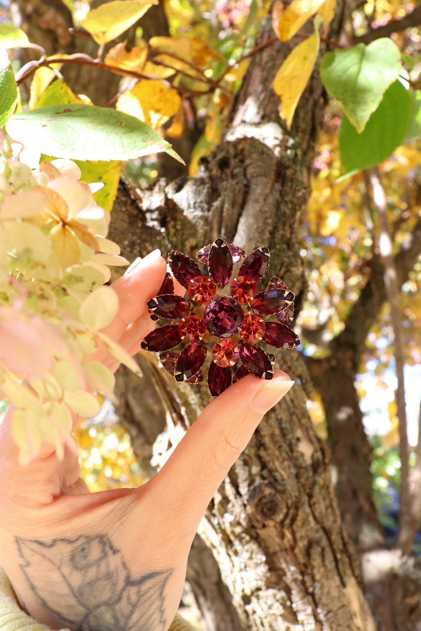 1960s Berry Rhinestone Floral Brooch