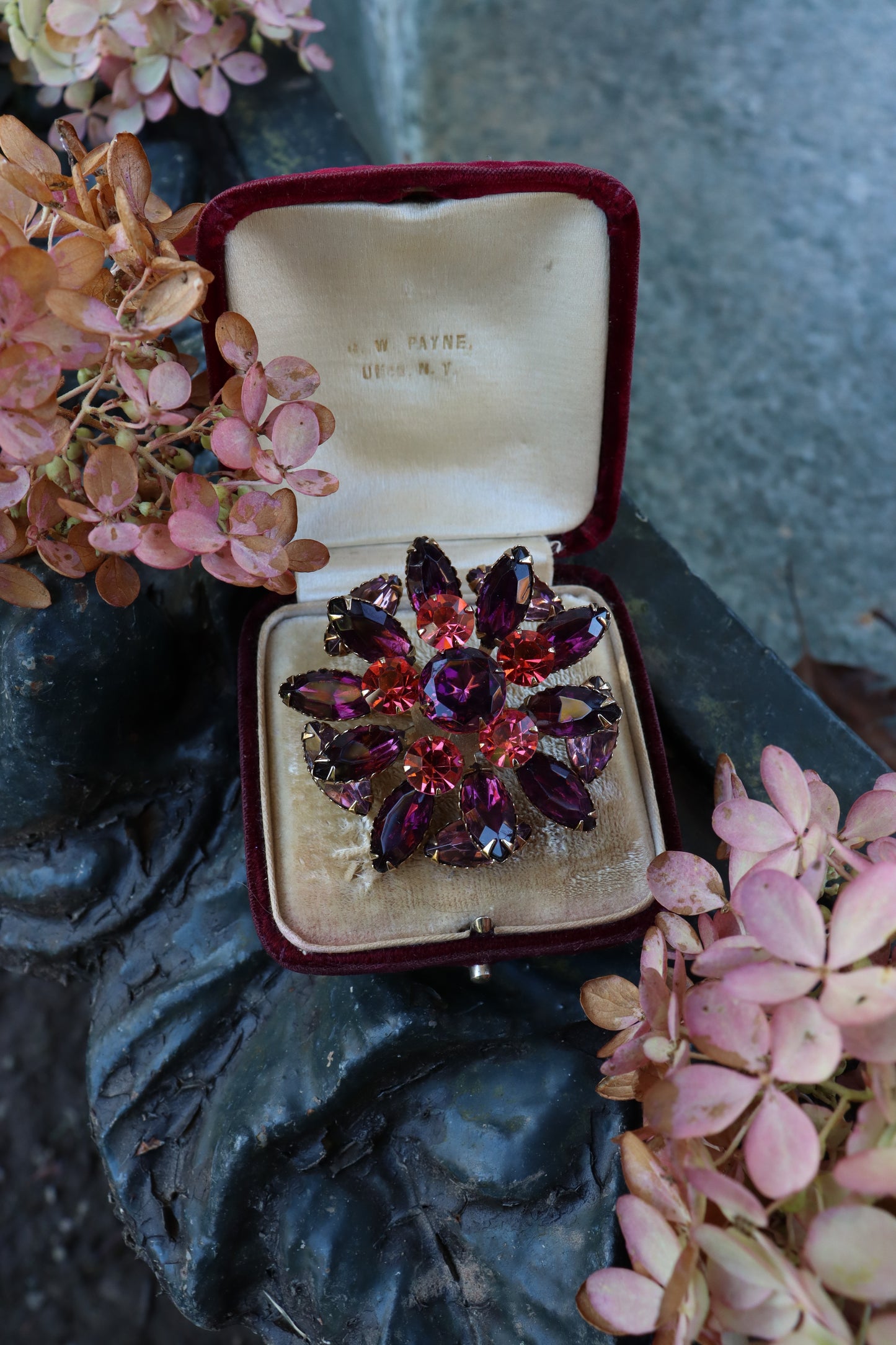 1960s Berry Rhinestone Floral Brooch