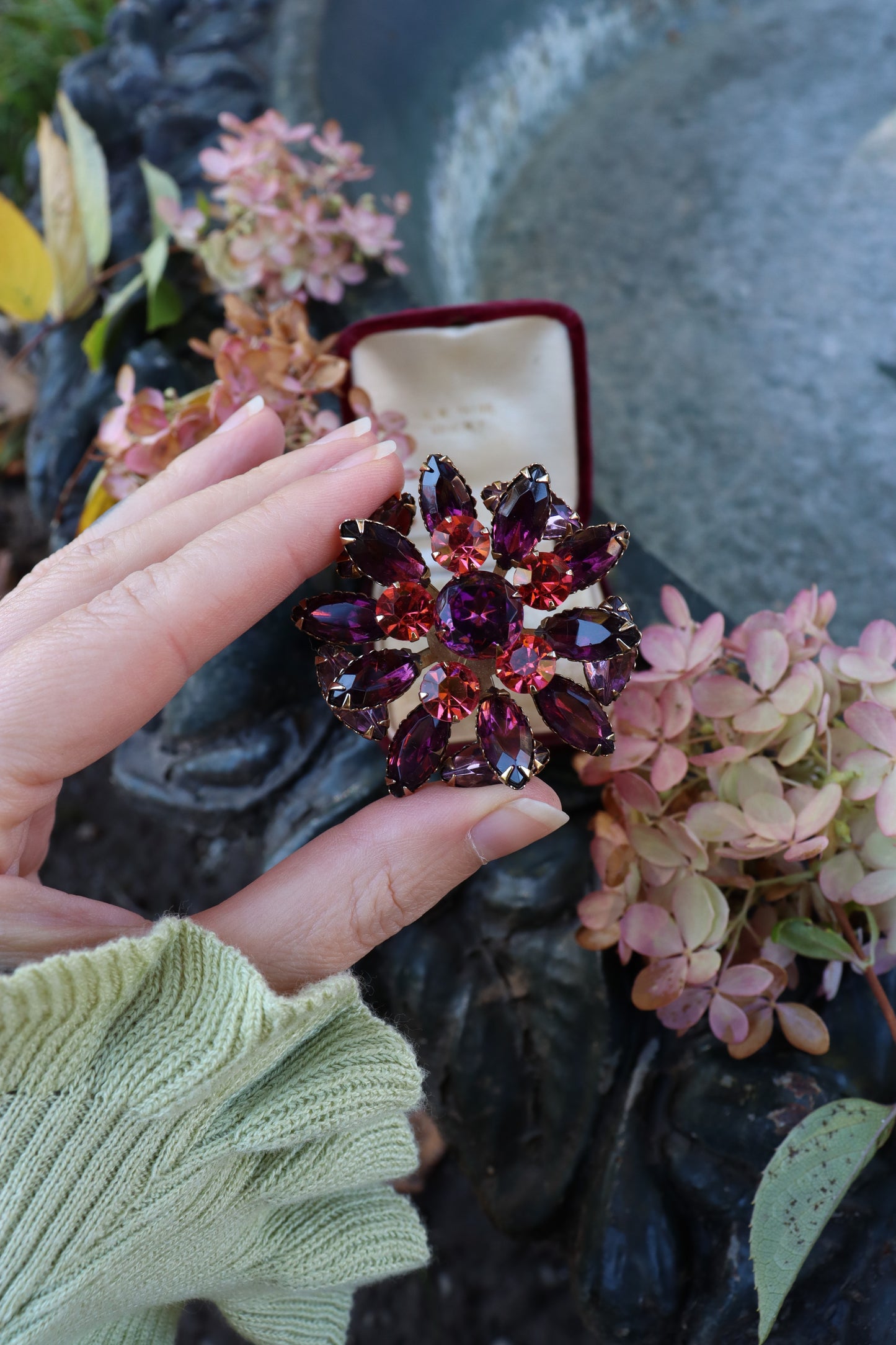 1960s Berry Rhinestone Floral Brooch