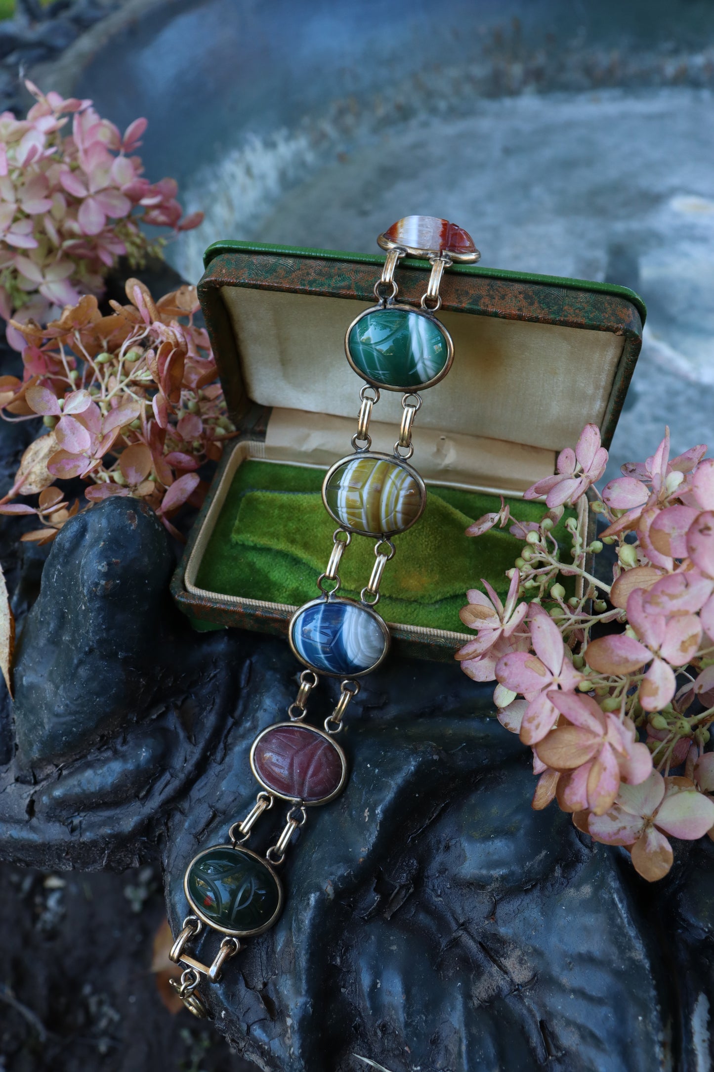 1950s Gold Filled Carved Stone Scarab Bracelet