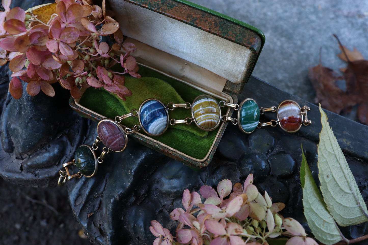 1950s Gold Filled Carved Stone Scarab Bracelet
