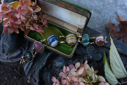 1950s Gold Filled Carved Stone Scarab Bracelet