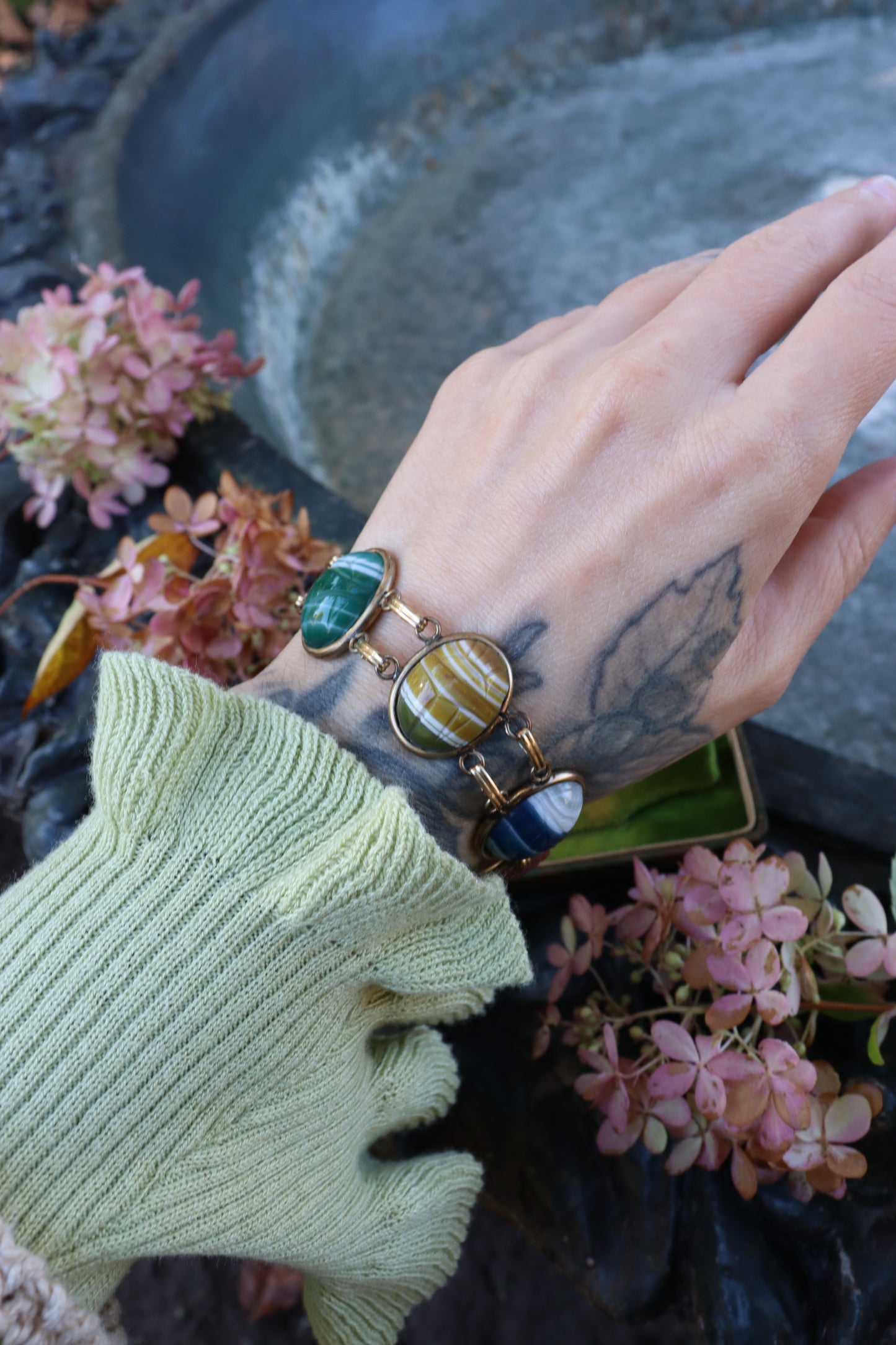 1950s Gold Filled Carved Stone Scarab Bracelet