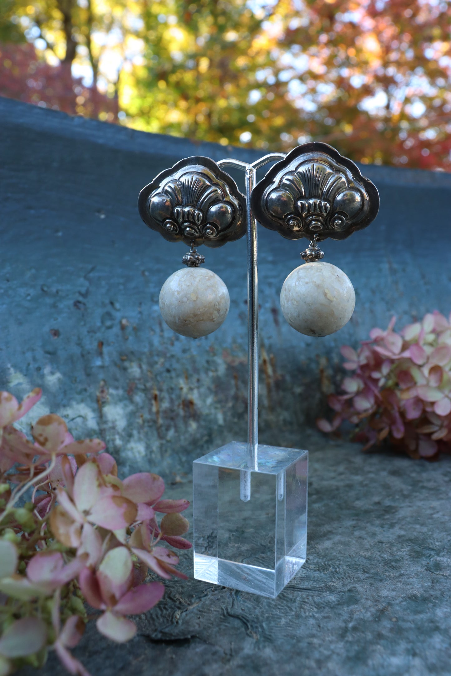 1980s Stone & Silver Pierced Earrings