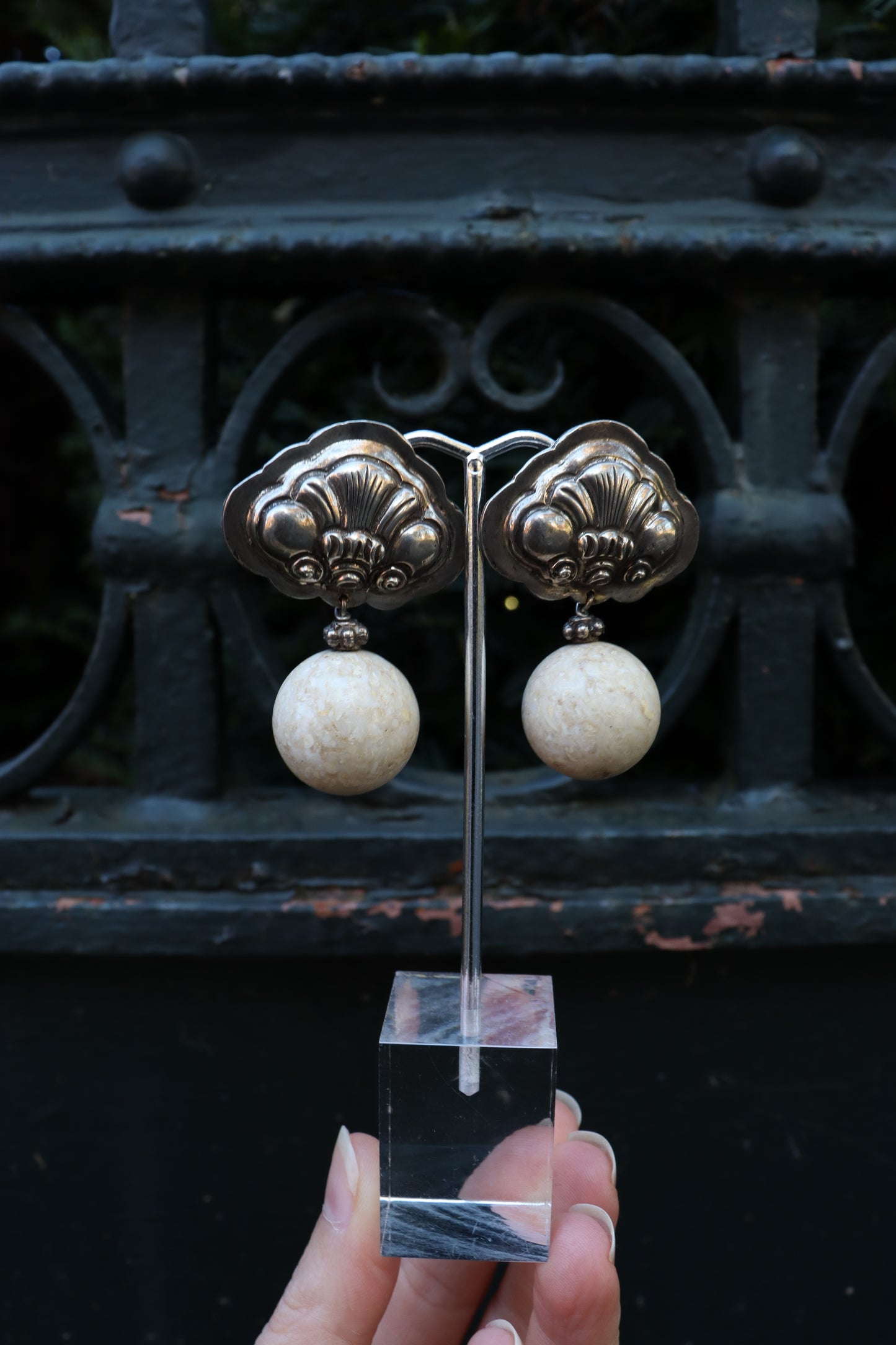 1980s Stone & Silver Pierced Earrings