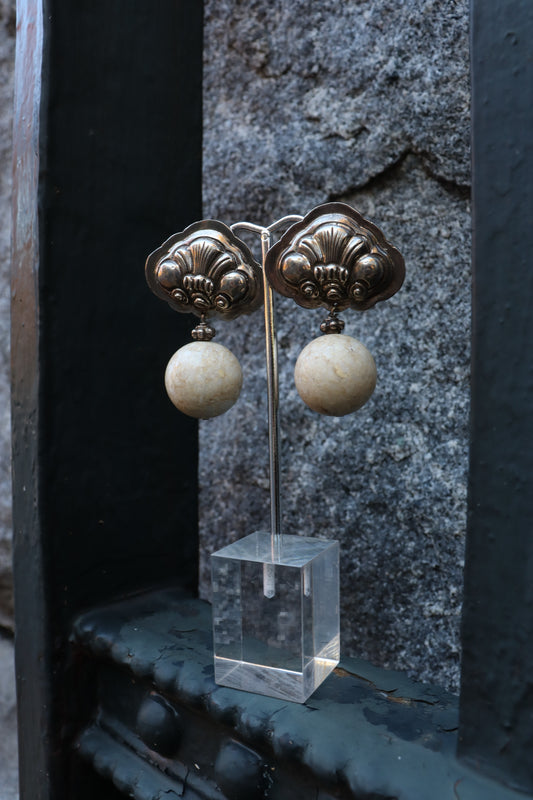 1980s Stone & Silver Pierced Earrings