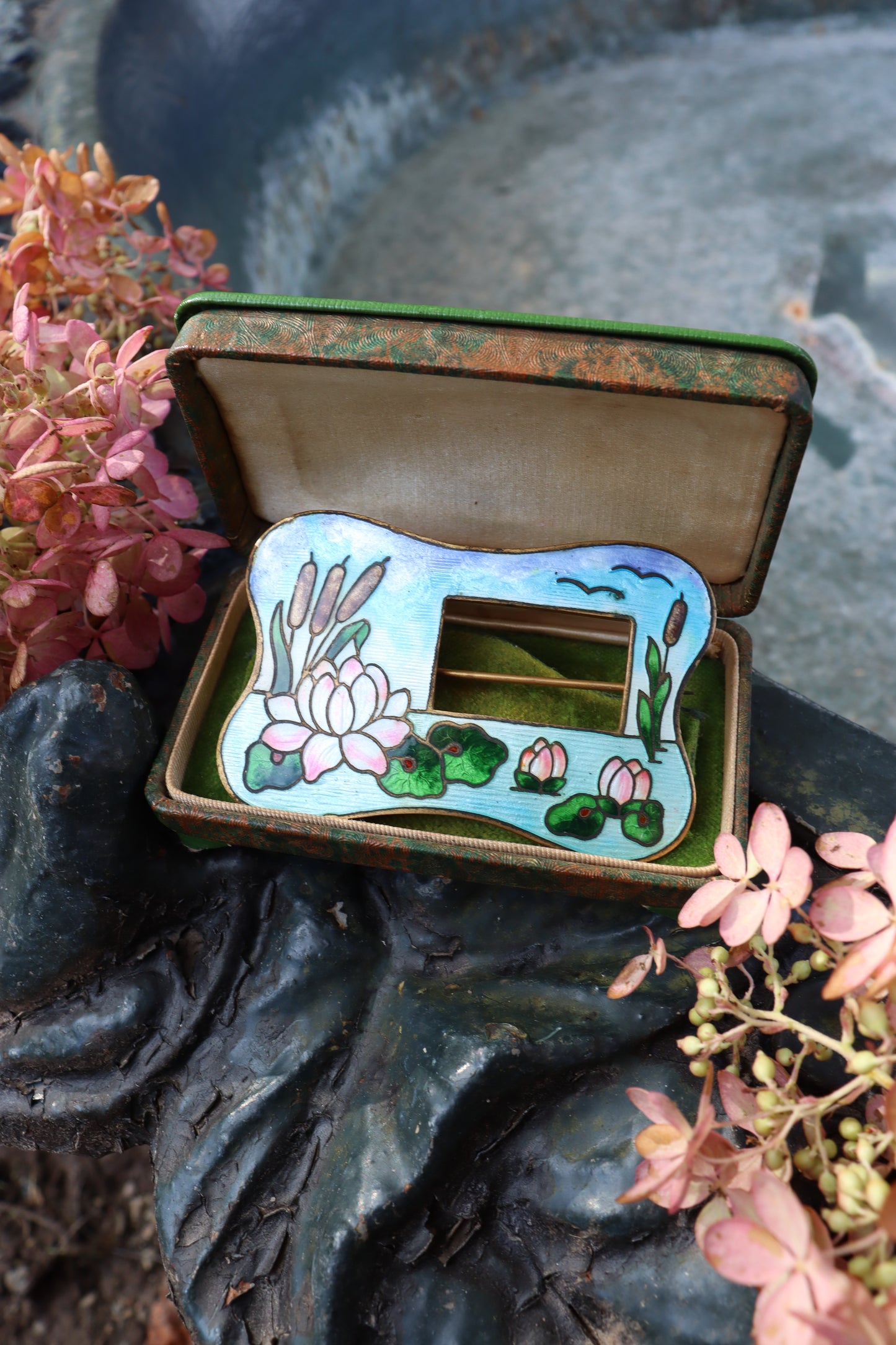 1900s Art Nouveau Cattail Enamel Sash Brooch