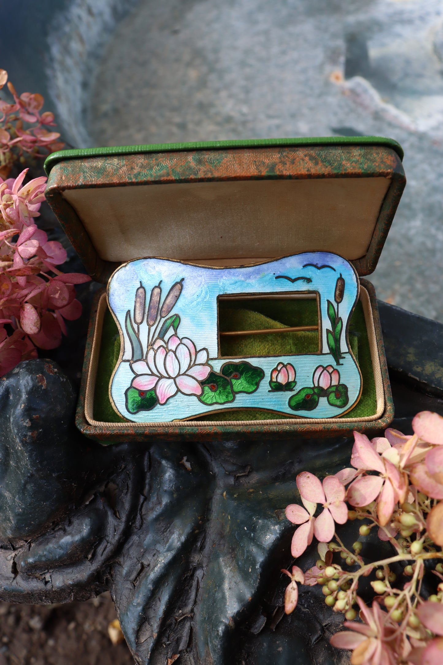 1900s Art Nouveau Cattail Enamel Sash Brooch