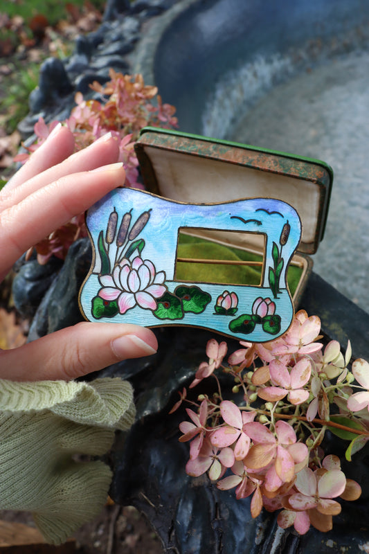 1900s Art Nouveau Cattail Enamel Sash Brooch