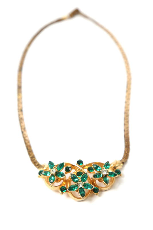 1940's Emerald Green Rhinestone Floral Necklace