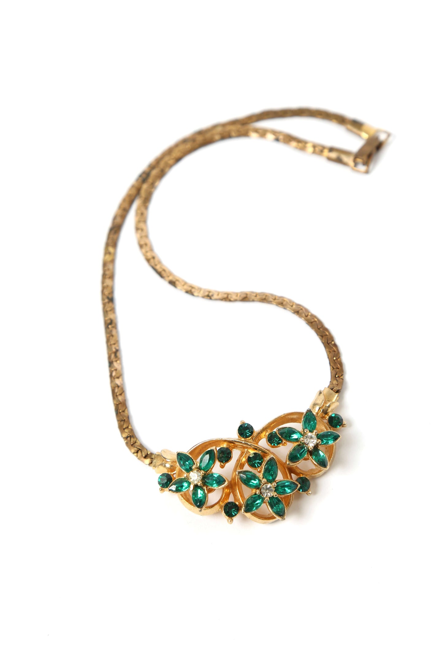 1940's Emerald Green Rhinestone Floral Necklace