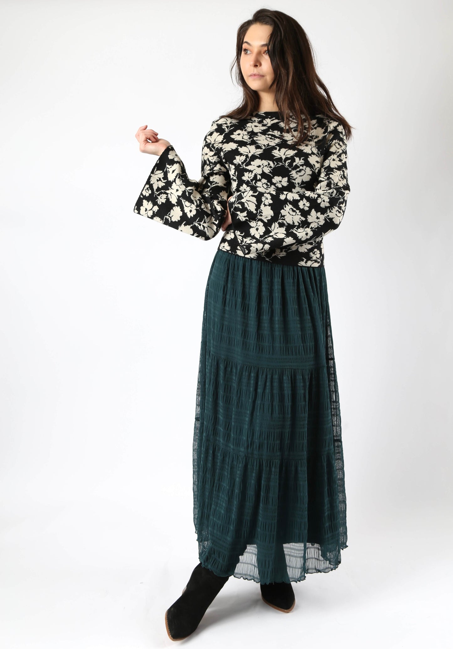 70's Inspired Floral Bell Sleeve Sweater