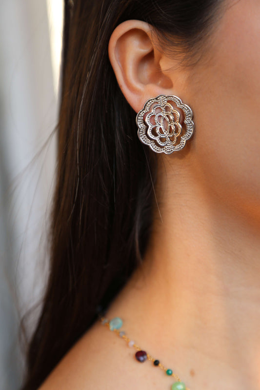 1970's Silver Tone Floral Disc Earrings