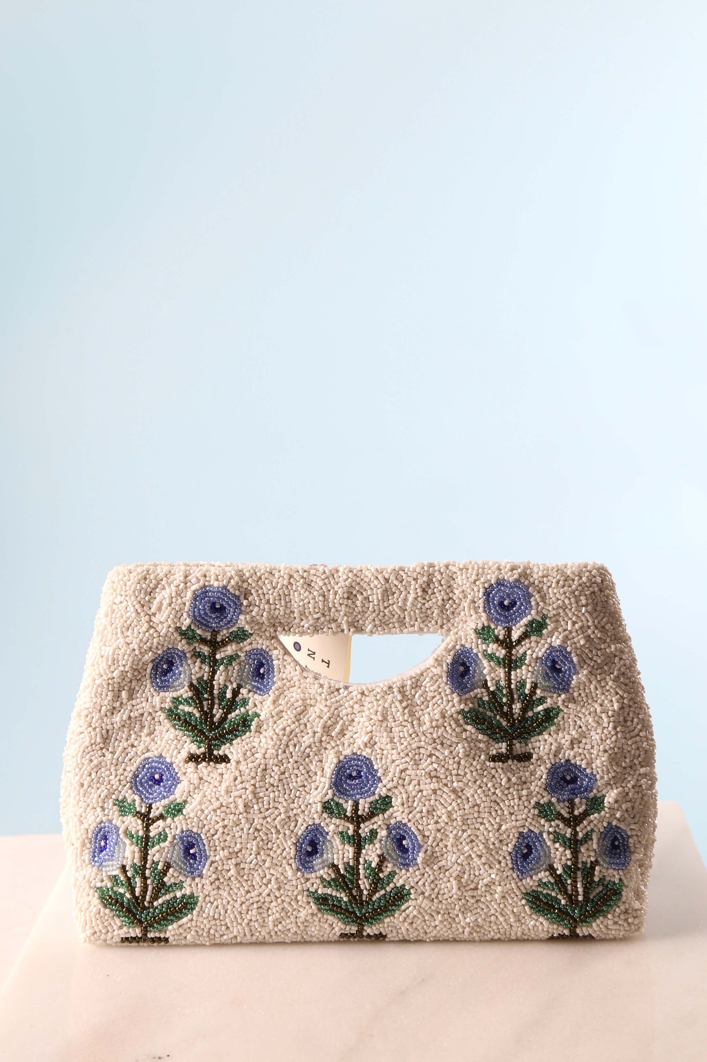 Hand-Beaded Block-Print Flower Clutch