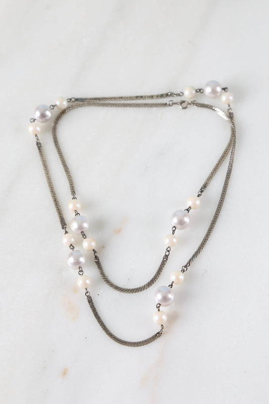 1960's Silver Faux Pearl Necklace