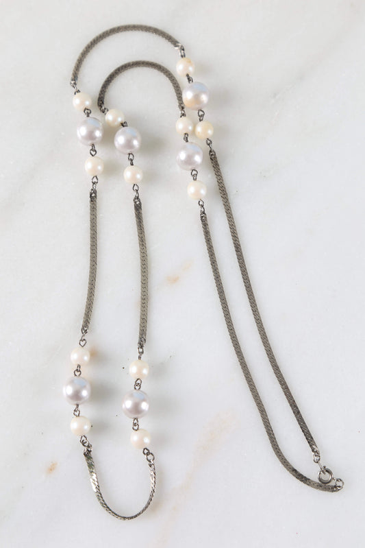 1960's Silver Faux Pearl Necklace