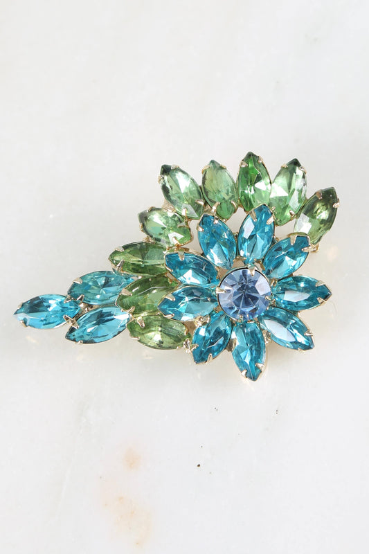 1950's Aqua and Peridot Rhinestone Brooch