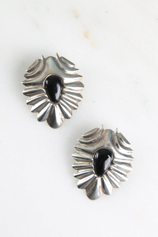 1970's Mexican Sterling and Onyx Clip Earrings