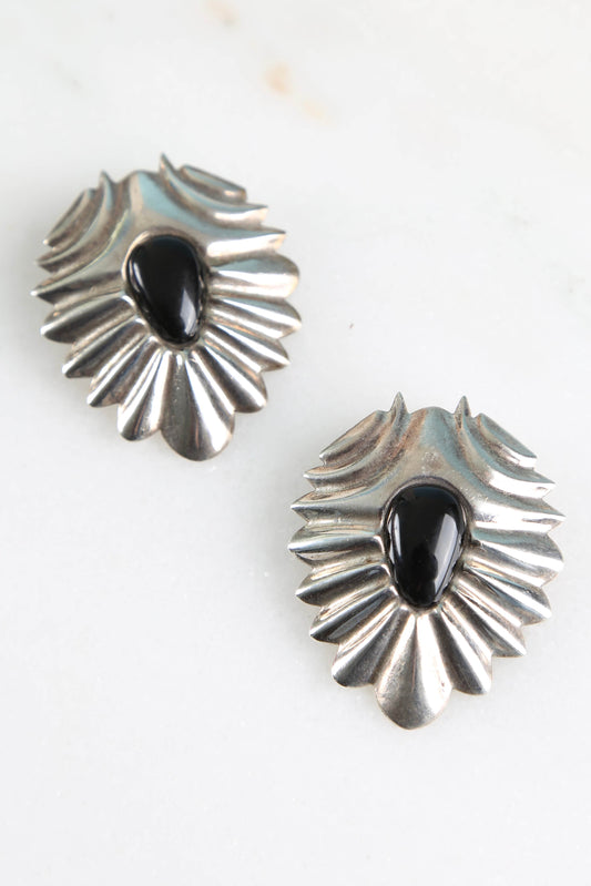 1970's Mexican Sterling and Onyx Clip Earrings
