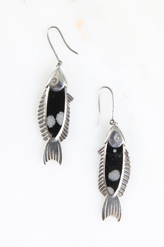 1970's Sterling and Snowflake Obsidian Fish Earrings