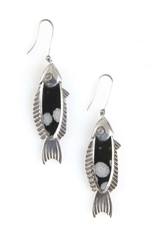 1970's Sterling and Snowflake Obsidian Fish Earrings
