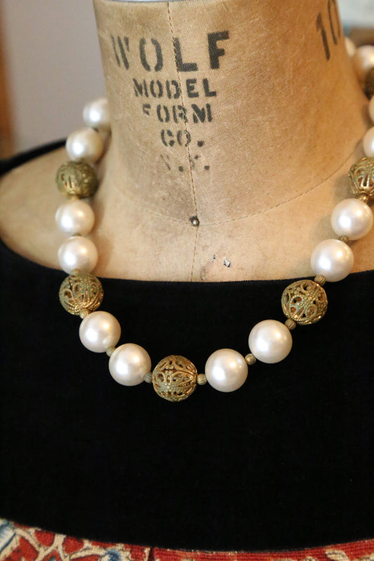 1950's Faux Pearl & Brass Filigree Necklace