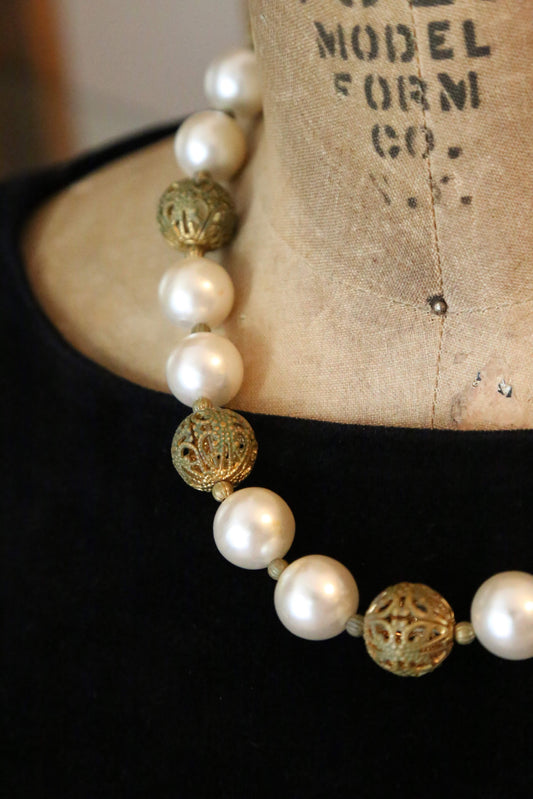 1950's Faux Pearl & Brass Filigree Necklace