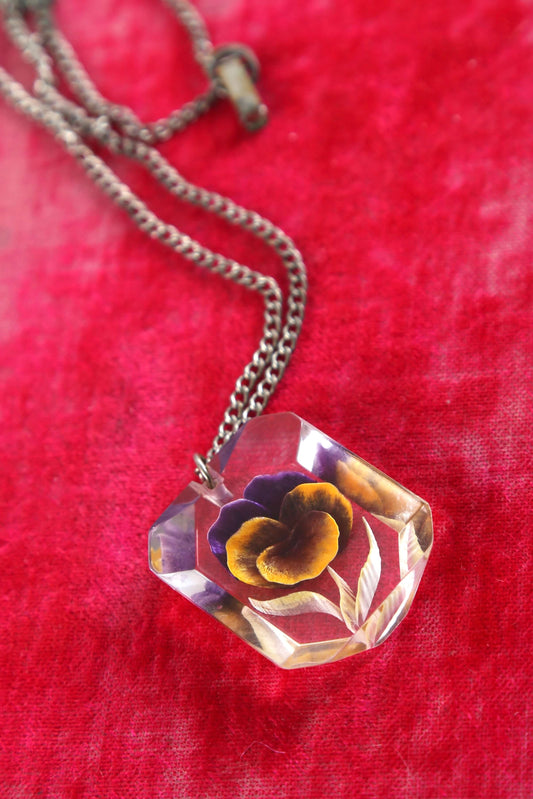 1950's Carved Lucite Pansy Necklace