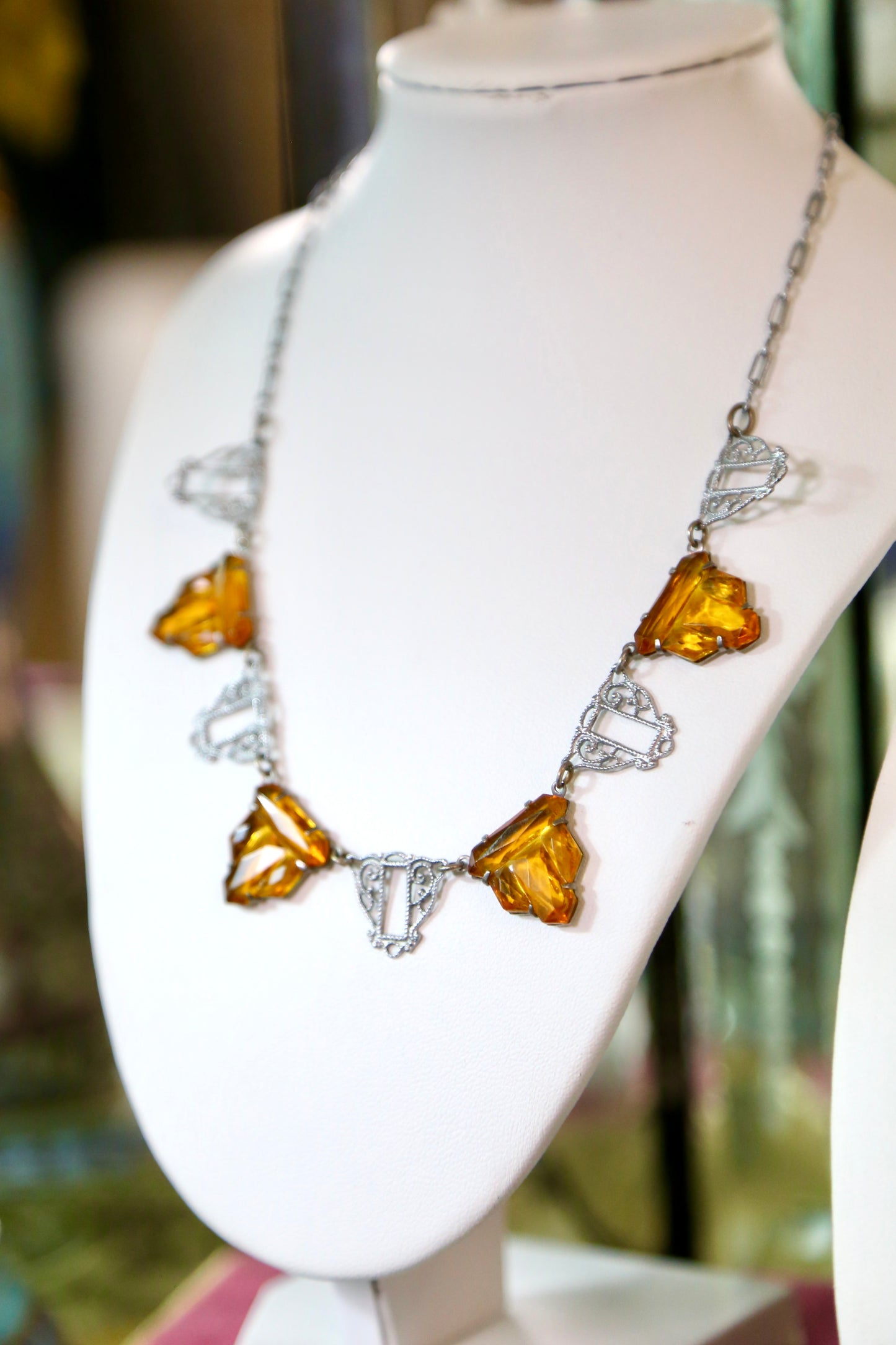1930's Amber Glass Filigree Necklace