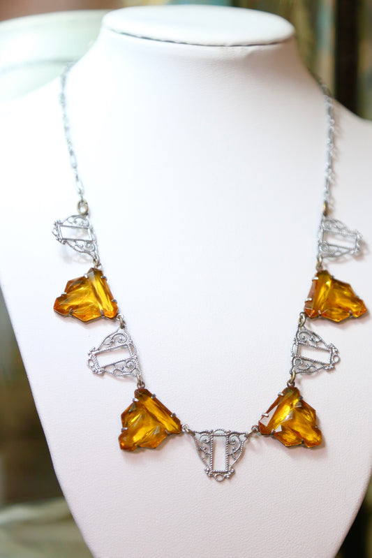 1930's Amber Glass Filigree Necklace