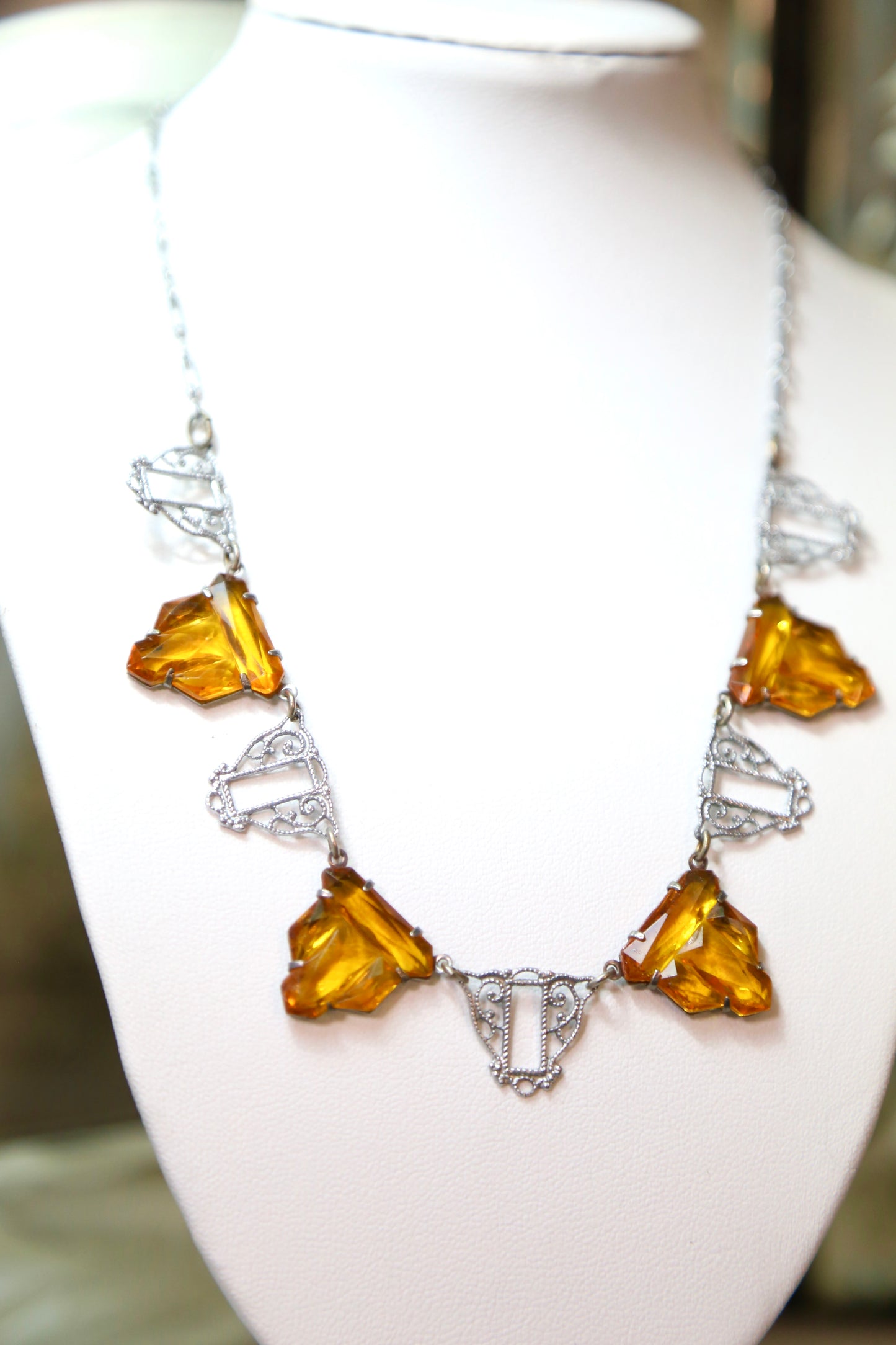 1930's Amber Glass Filigree Necklace