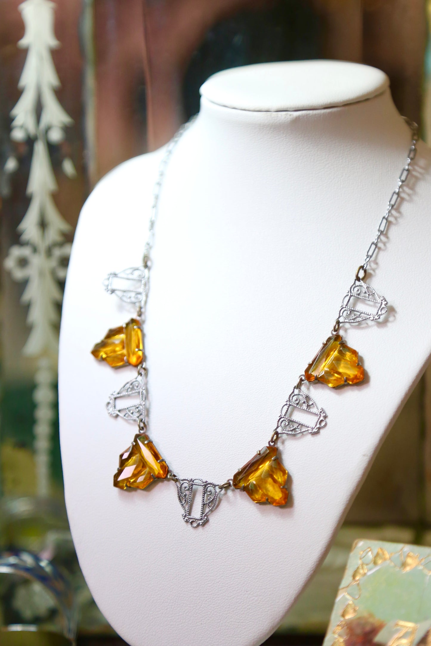 1930's Amber Glass Filigree Necklace